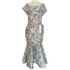 Bronx and Banco Embroidered Butterfly Blue Off The Shoulder Midi Mermaid Dress